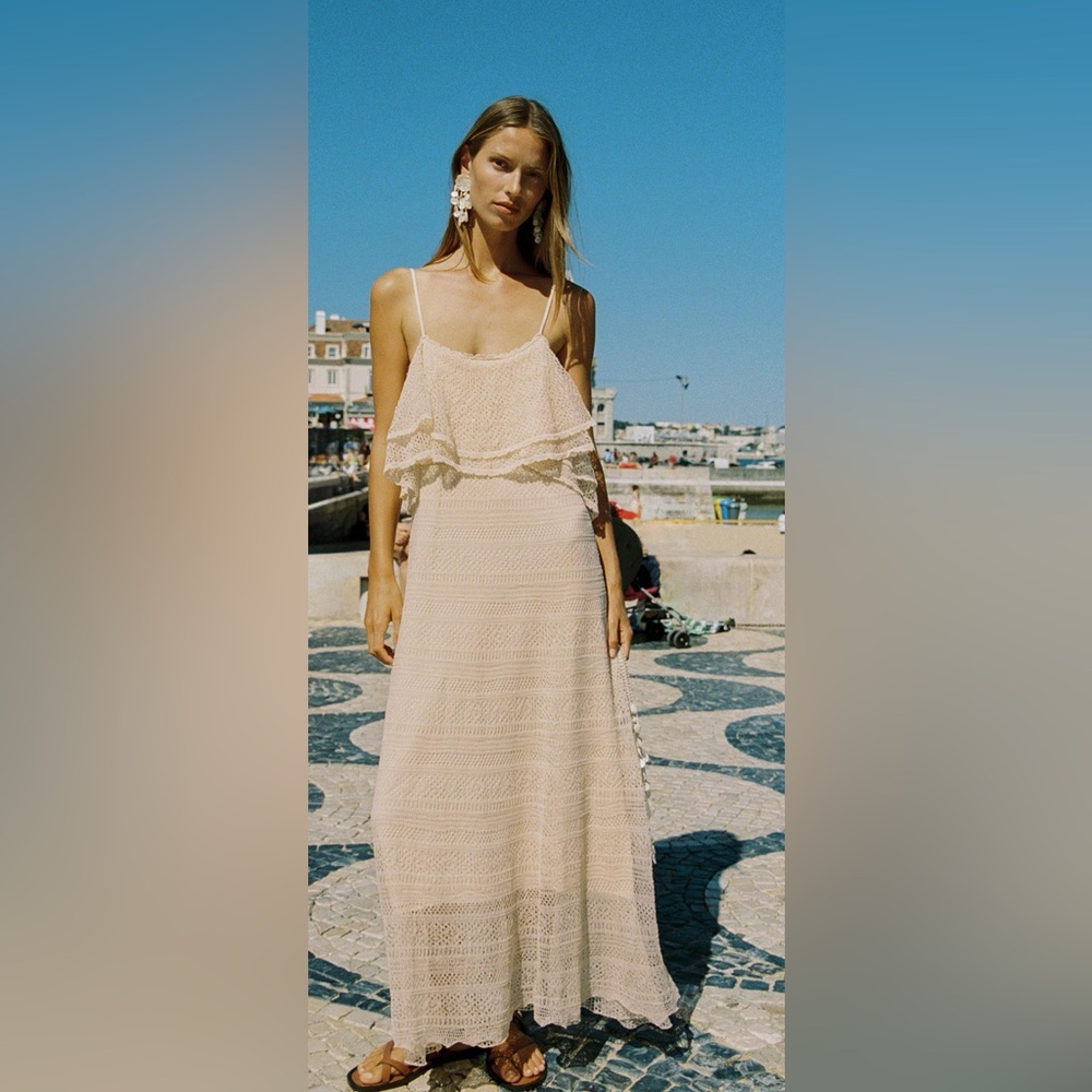 NWT Zara Pointelle Knit Ruffle Yellow cream Butter Dress 3920 Strappy